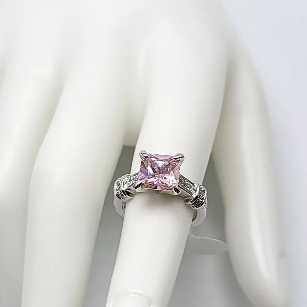 Pink Princess Cut Glass Rhinestone CZ Silver Plated Cocktail Ring Size 5